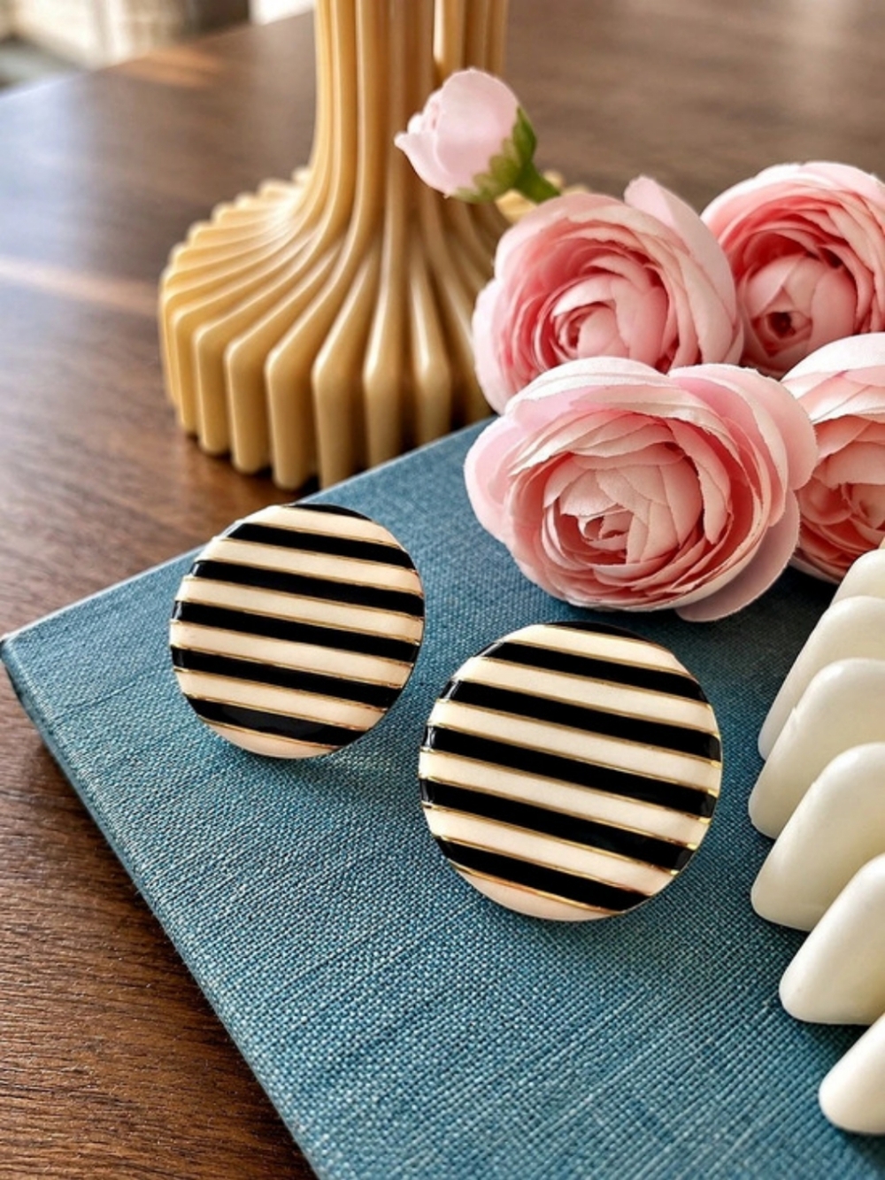 Joan Rivers Vintage Earrings Black and Cream White Stripe Enamel Gold Tone